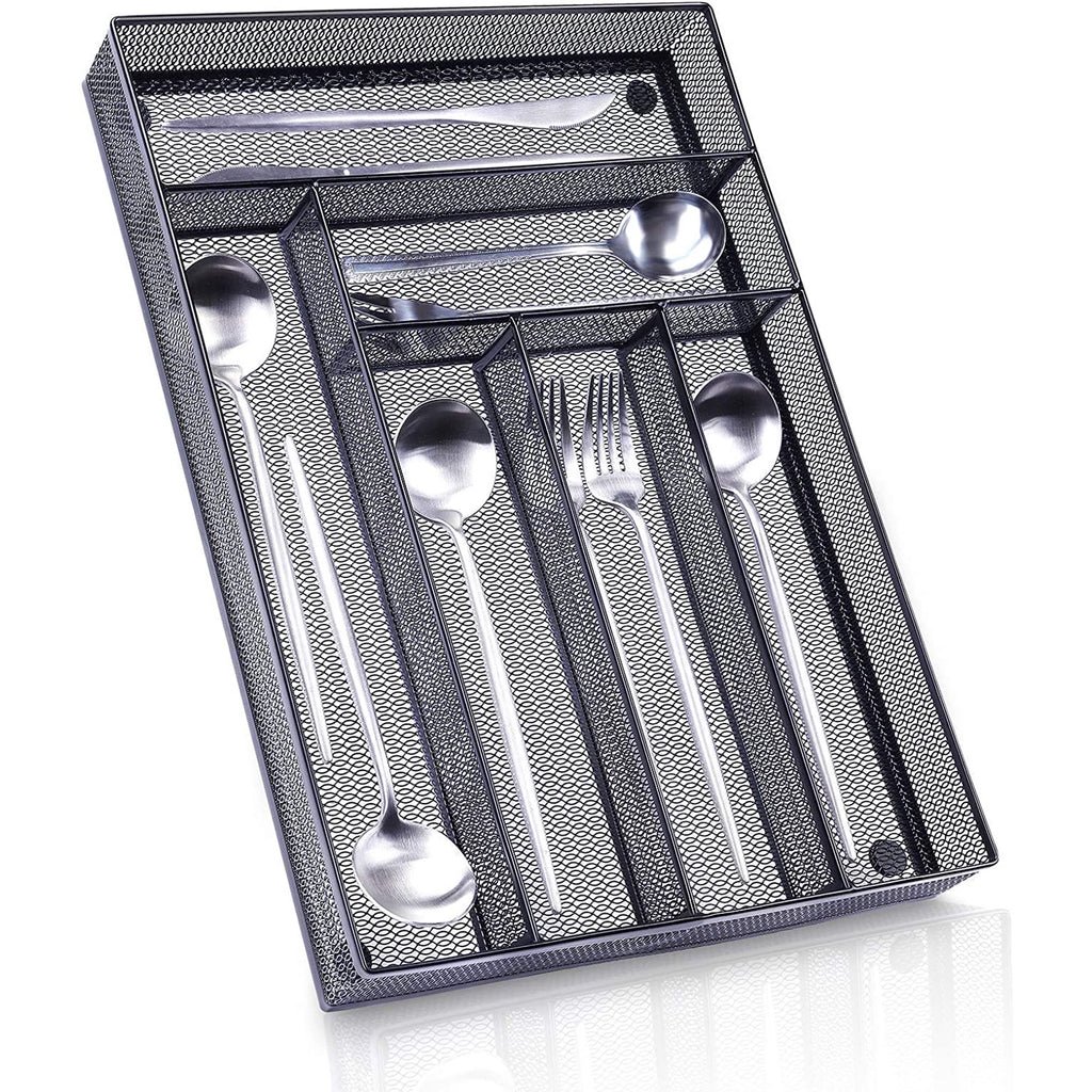 Black Metal Mesh Kitchen Flatware Organizer Tray with Non Slip Mat W587