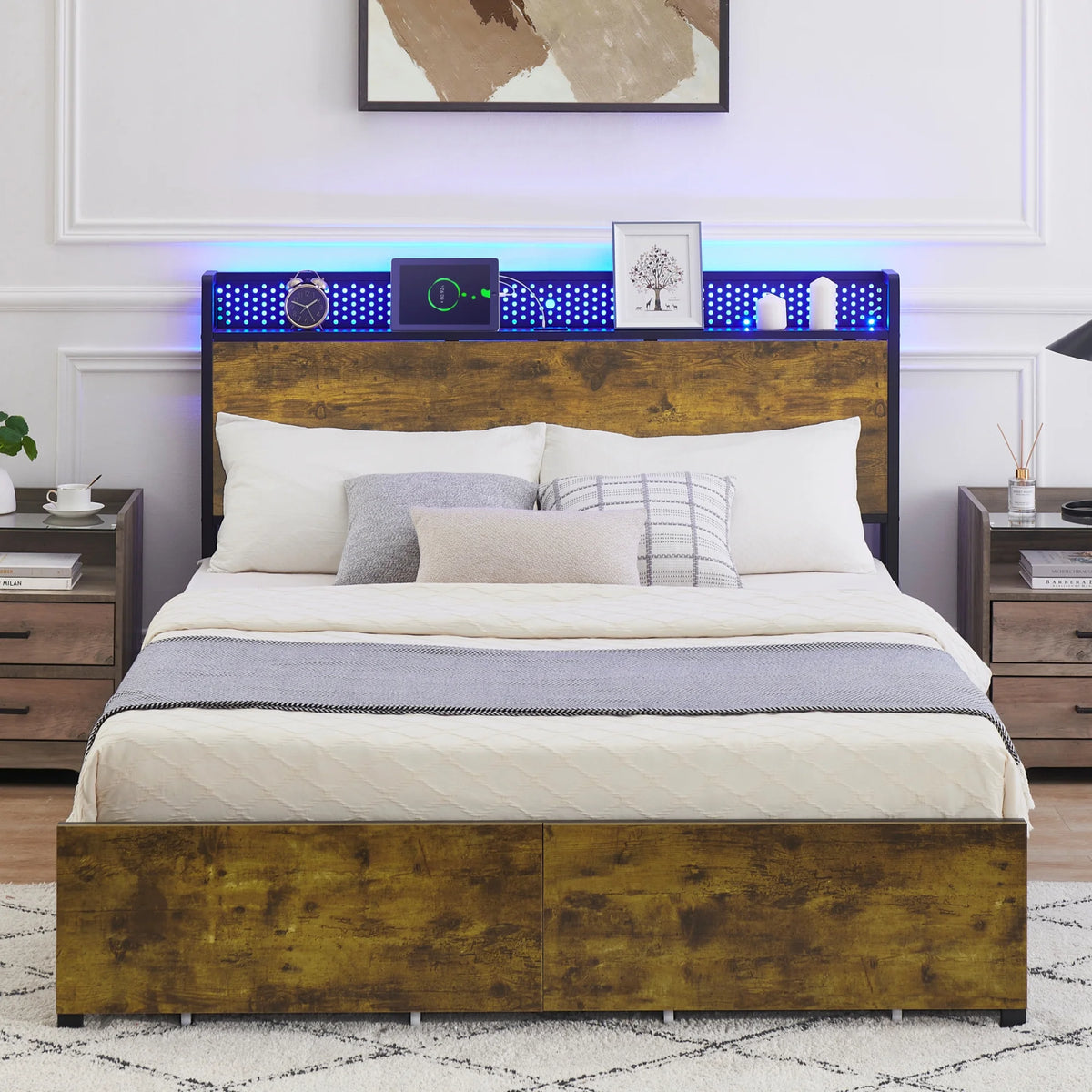 Queen Size Platform Bed Frame with Storage Headboard and 6 Drawers N512