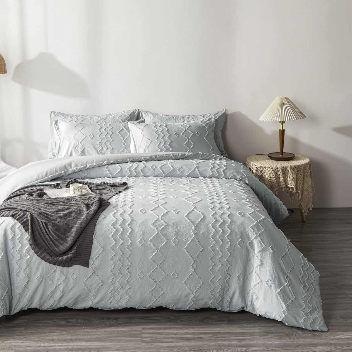 Blue Cotton Geometric Queen Duvet Cover Set O687701