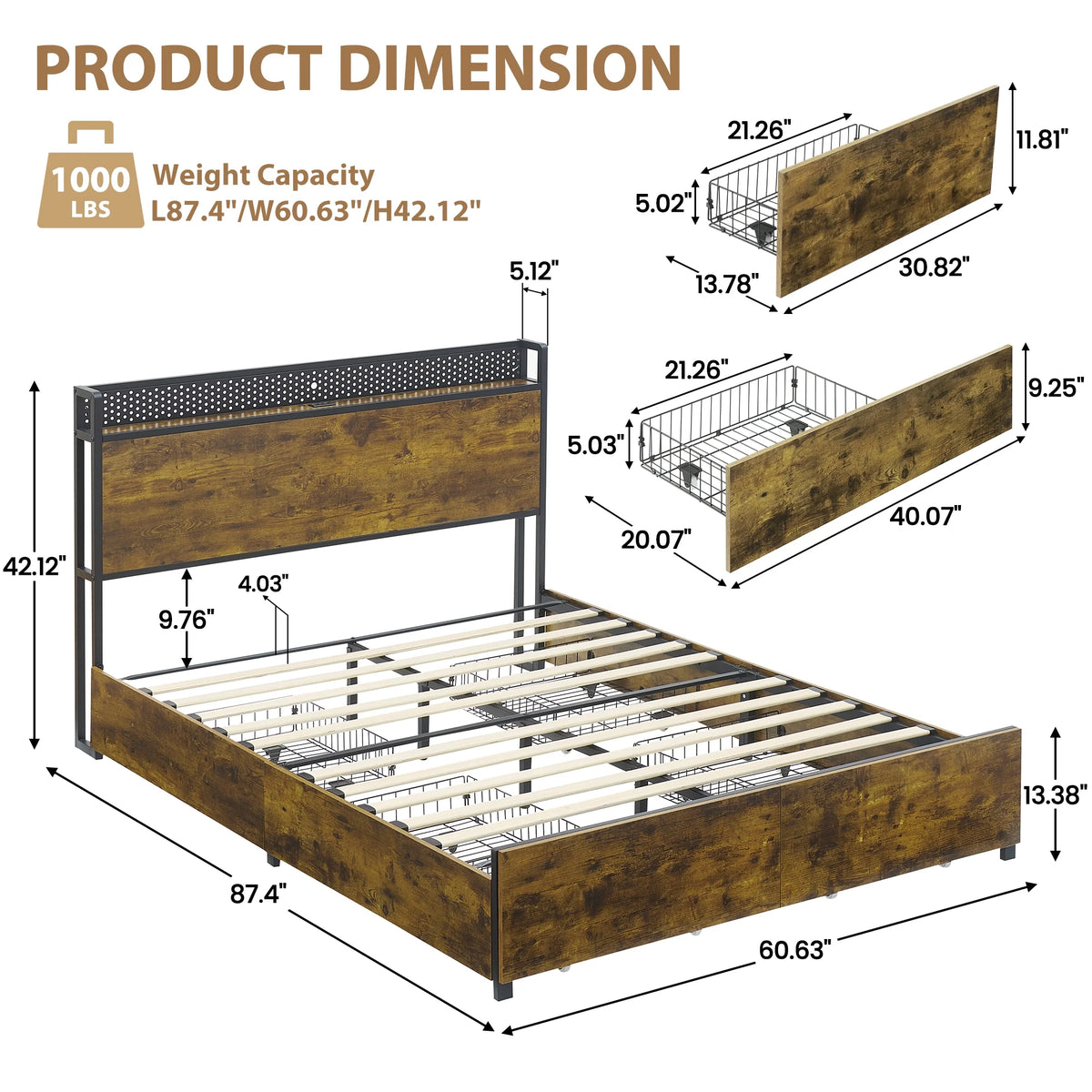 Queen Size Platform Bed Frame with Storage Headboard and 6 Drawers N512