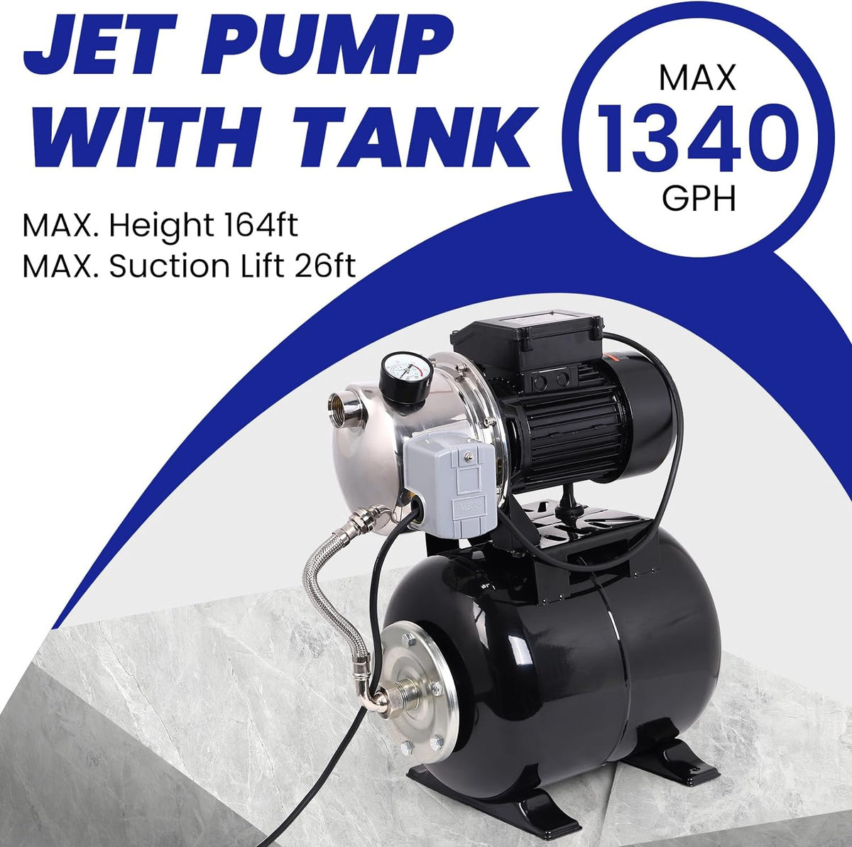 1.6HP Stainless Steel Shallow Well Pump with Pressure Tank Y926