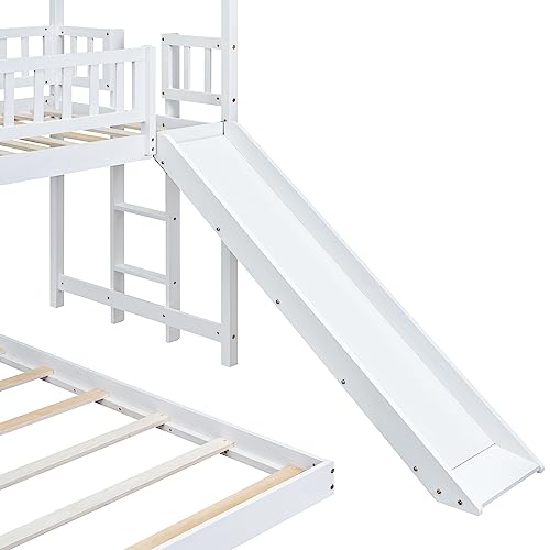 Twin Over Twin Solid Wood House Bunk Bed with Trundle and Slide L600