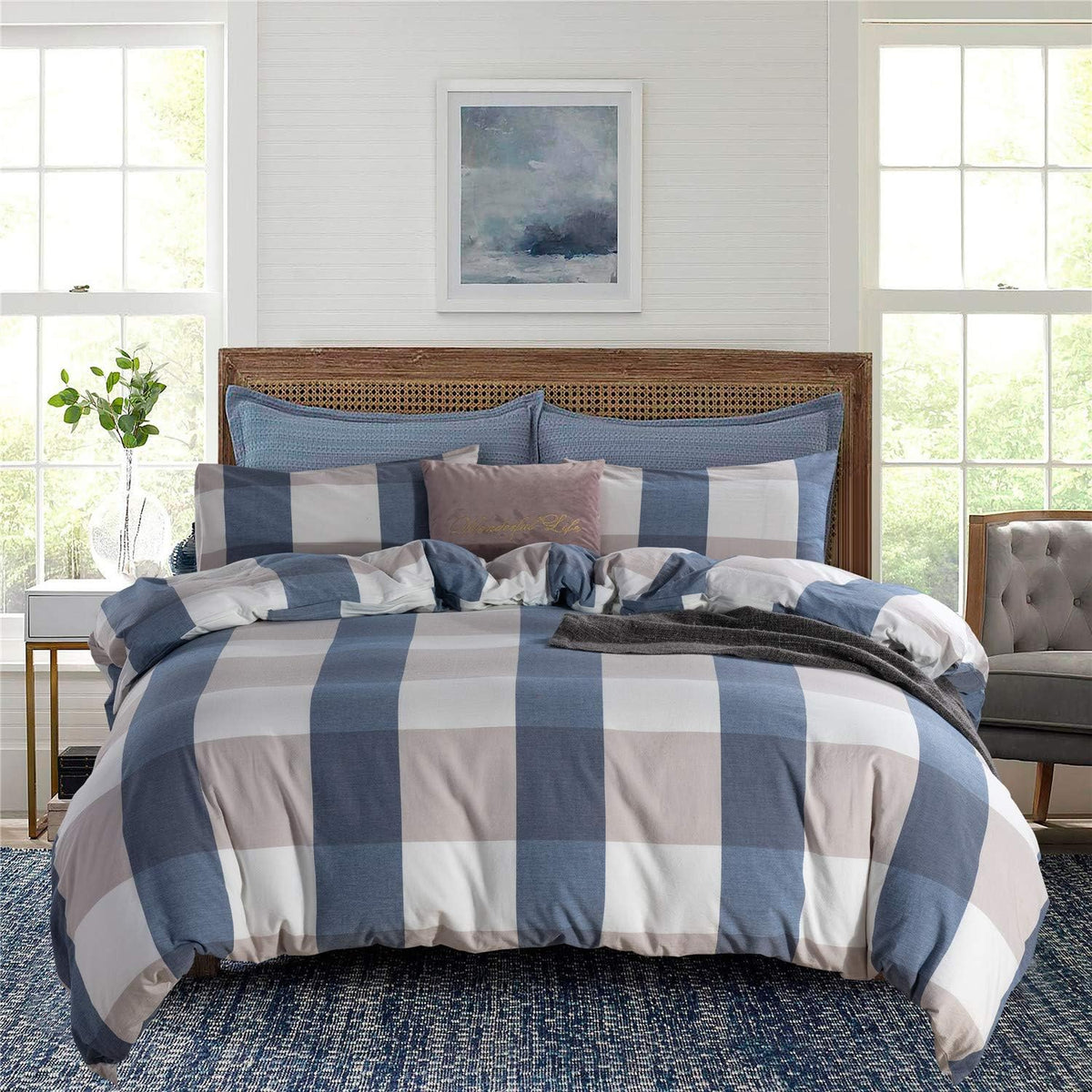 Blue Cotton Geometric Queen Duvet Cover Set O687701