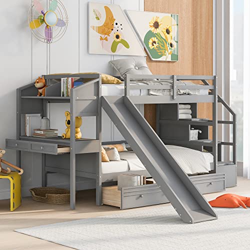 Twin Over Twin Solid Wood House Bunk Bed with Trundle and Slide L600