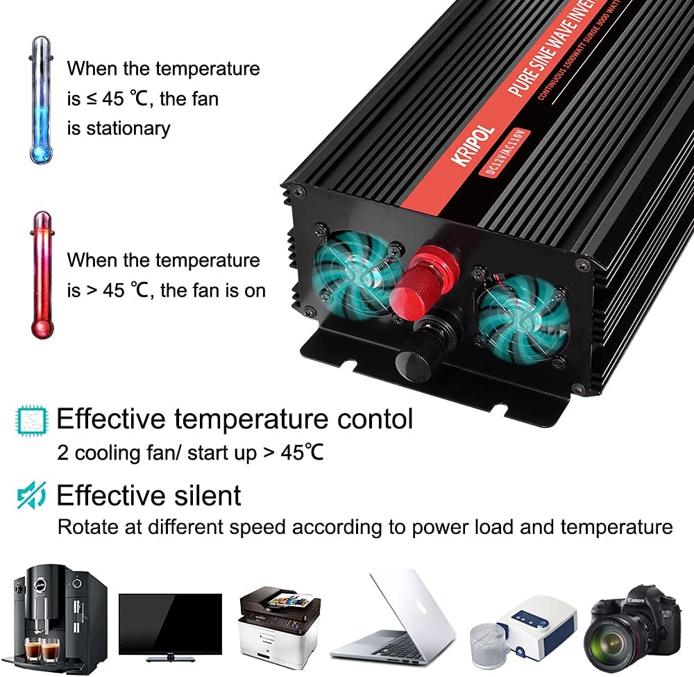 1000 Watt Pure Sine Wave Inverter 12v DC to 110/120v AC O7077