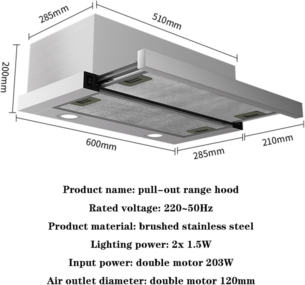 Stainless Steel 600mm Built-in Extractor Hood with LED Light A720