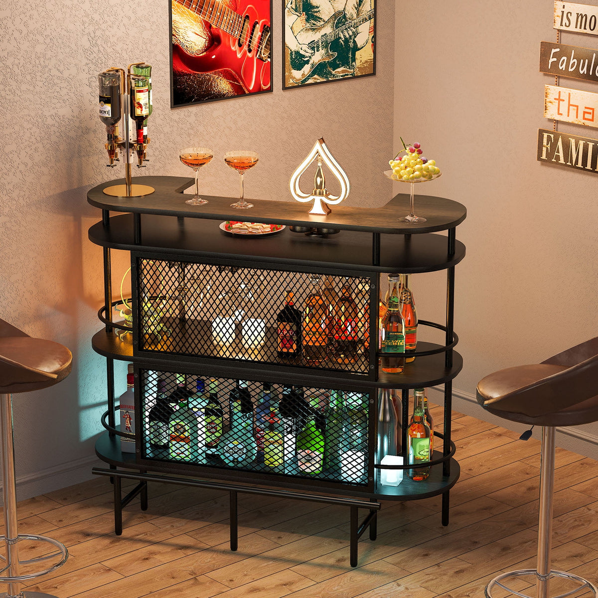 4 Tier Bar Cabinet with Storage Shelves and Footrest K561439