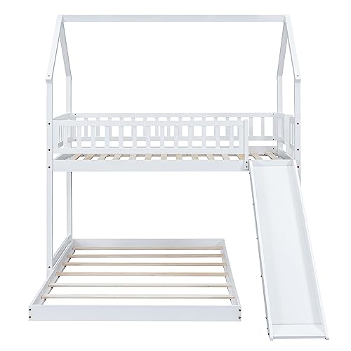 Twin Over Twin Solid Wood House Bunk Bed with Trundle and Slide L600