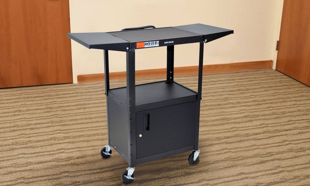 Adjustable Height Steel AV Cart with Cabinet and Drop Leaf I96822