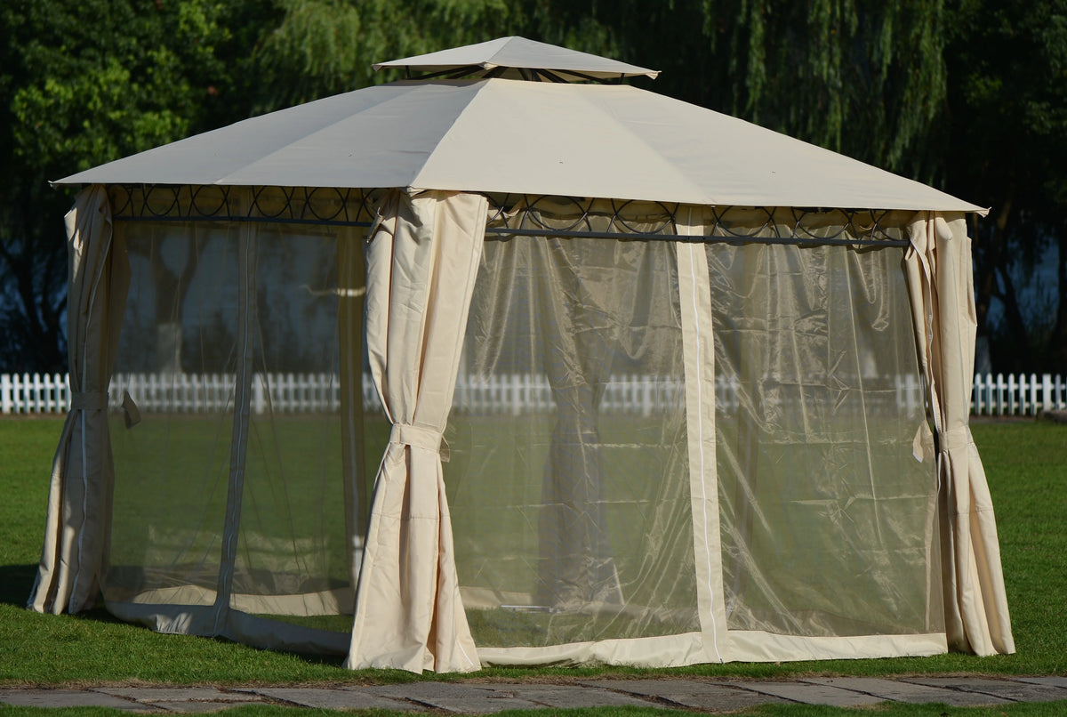 Beige Double Tiered Grill Canopy BBQ Gazebo Tent X4036