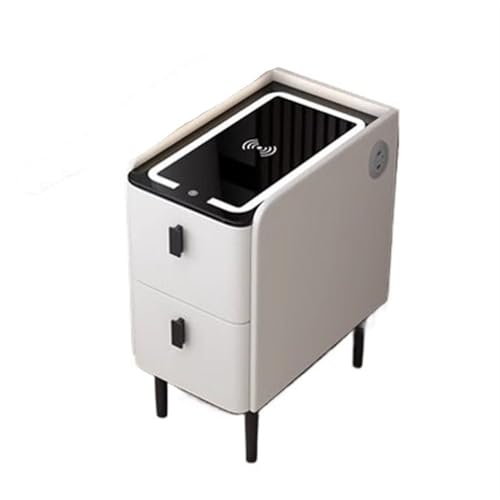 White Narrow Side Table with 2 Drawers and LED Light H527056