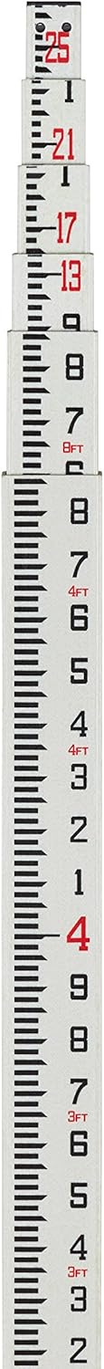 25-Foot Fiberglass Rectangular Leveling Rods, 4 Section Telescopic with Carrying Case E782