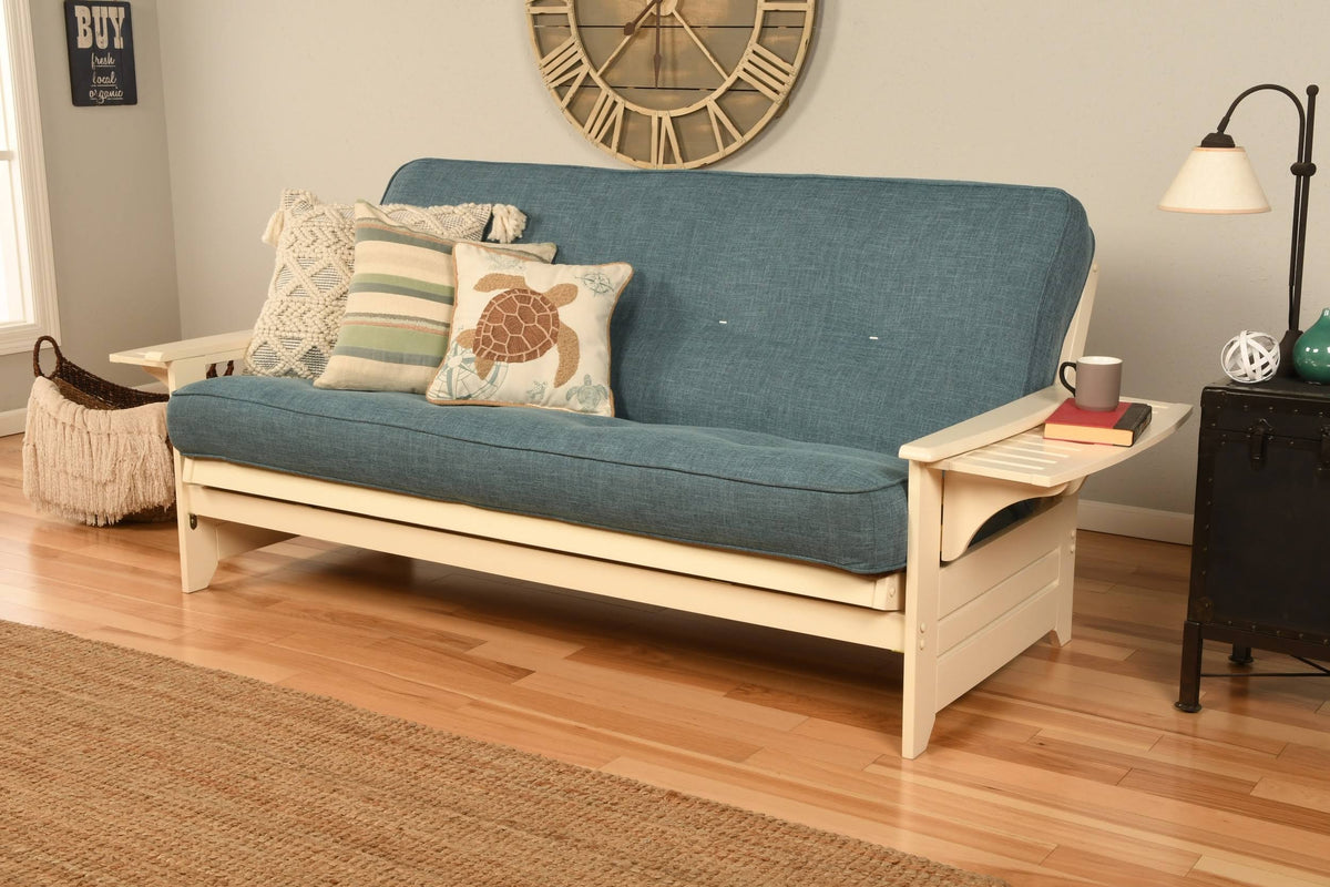 White/Aqua Blue Linen Fabric Futon C314