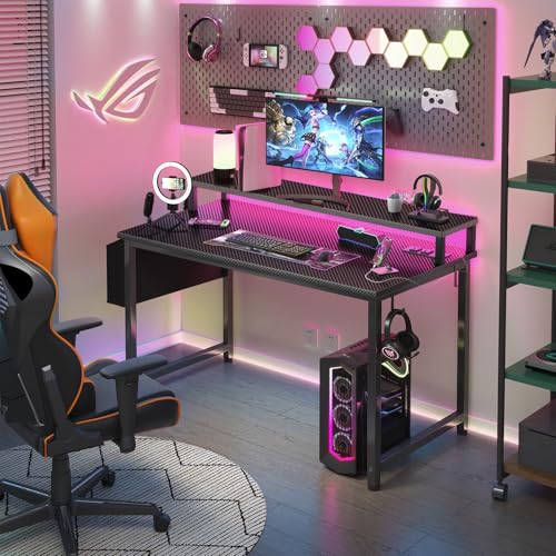 Black 40 Inch Gaming Desk with LED Lights and Power Outlets Y945