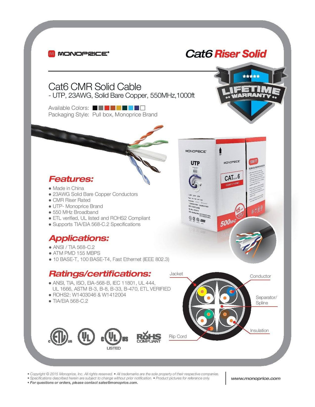 Red 1000ft 23AWG Cat6 UTP Solid Bulk Ethernet Cable D17358