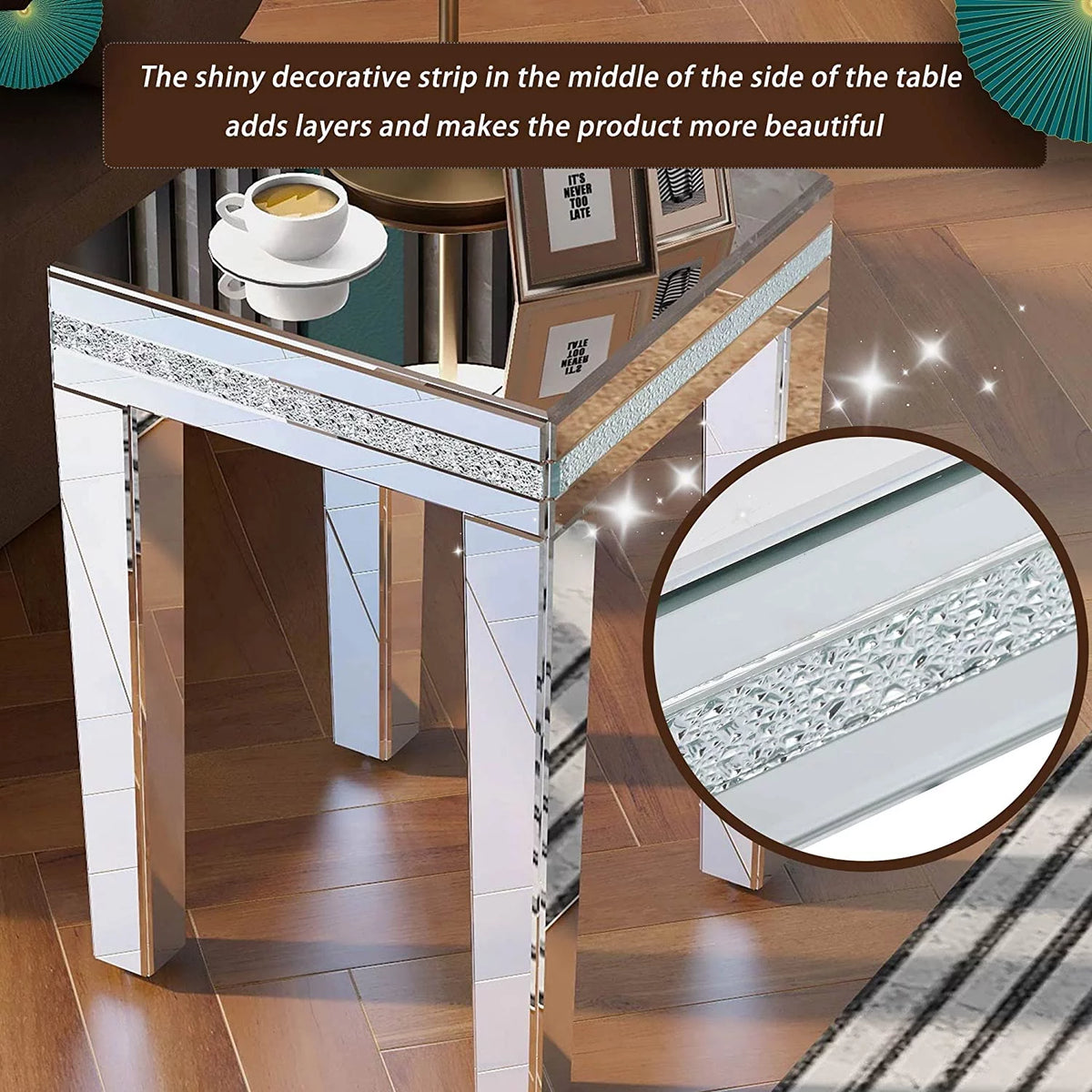 Modern Glass Mirrored Side Table with Crystal Design and Adjustable Height Legs J858435