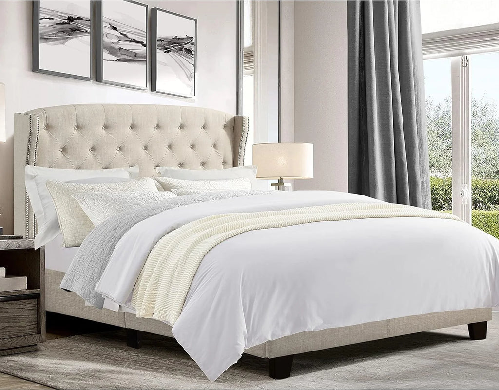 Beige Upholstered Platform Bed Frame with Wingback Headboard I7145