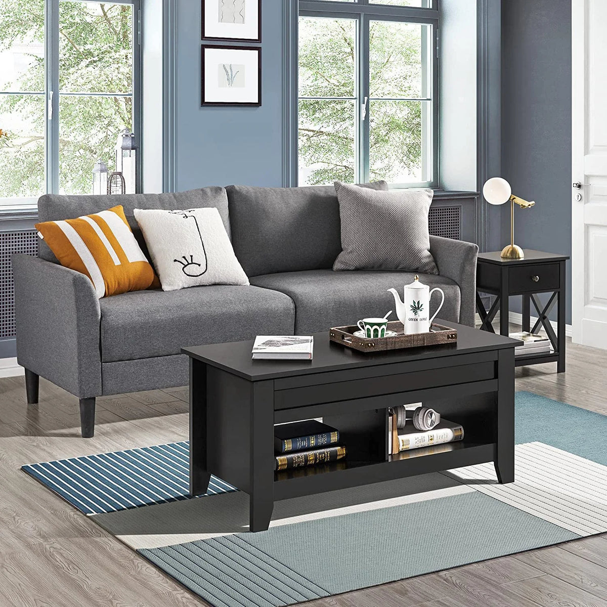 Black Lift Top Coffee Table with Hidden Storage Drawers Q990450