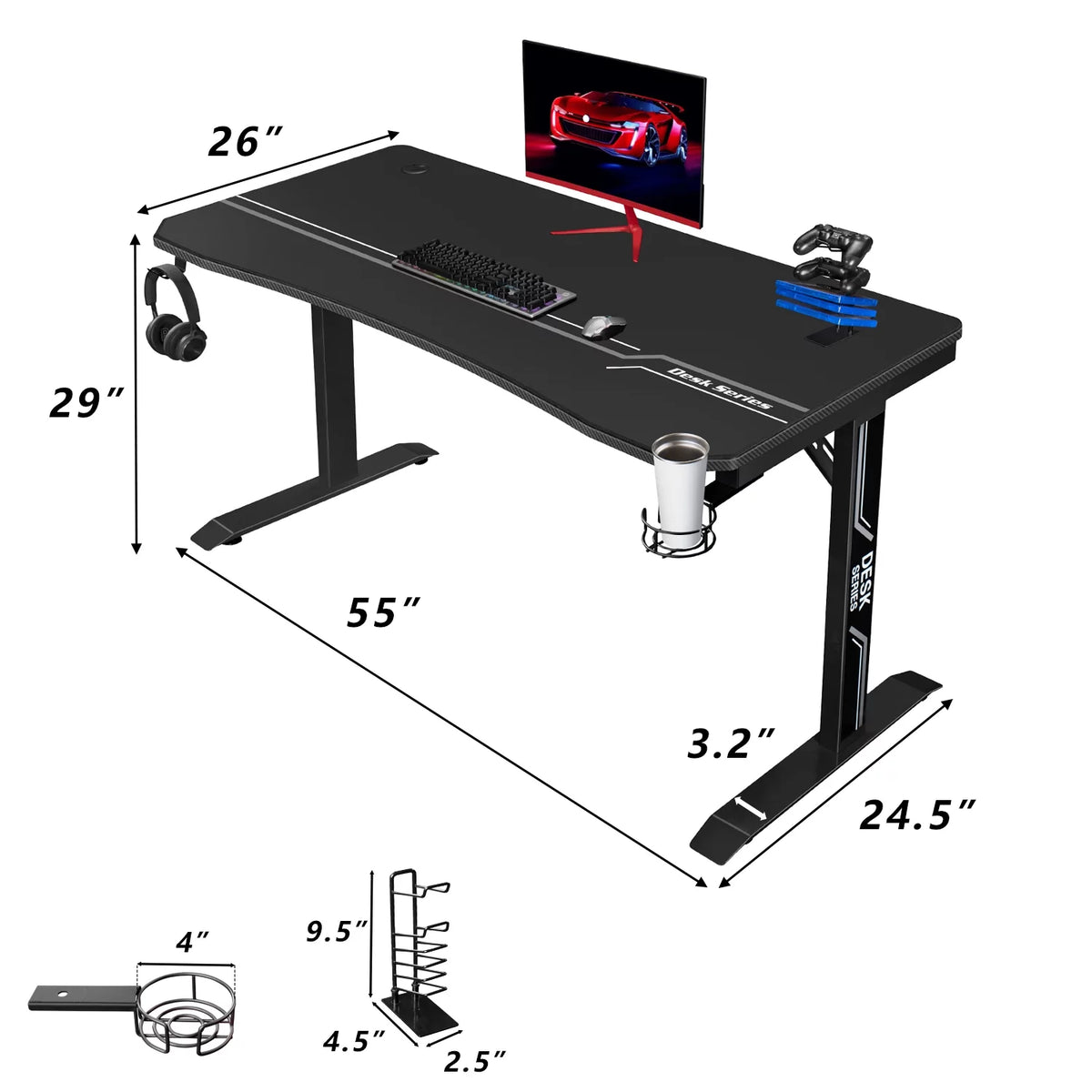 Black Gaming Computer Desk with Cup Holder and Headphone Hook M728713