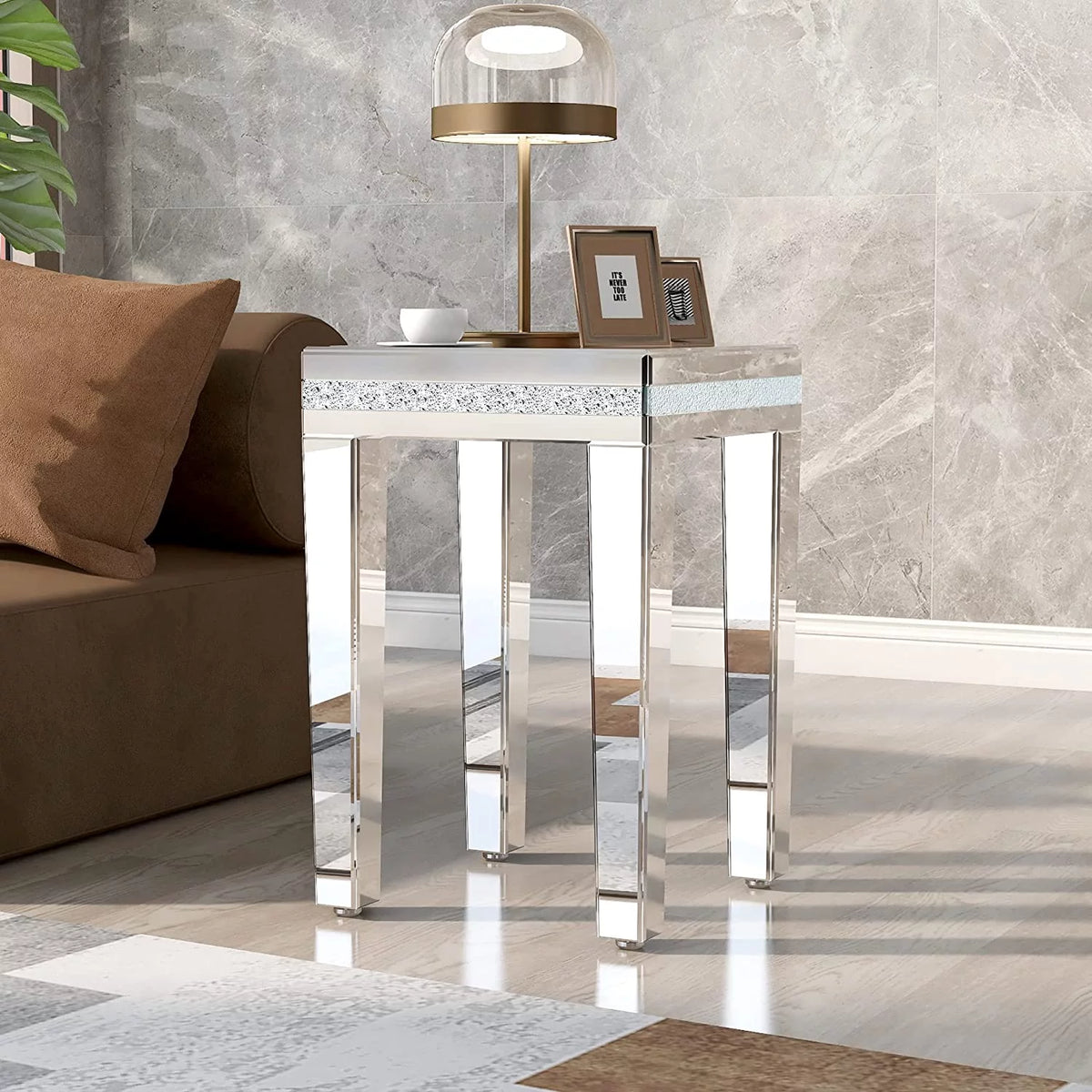 Modern Glass Mirrored Side Table with Crystal Design and Adjustable Height Legs J858435