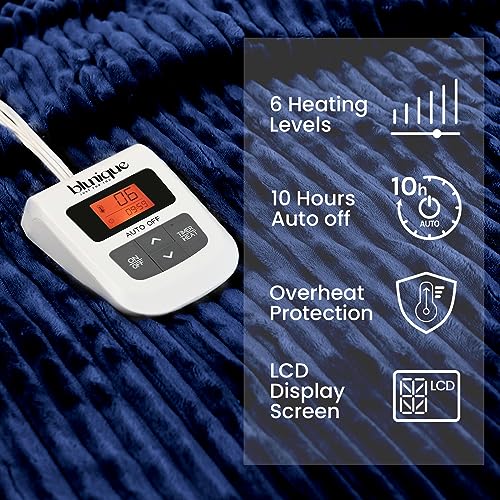Navy Blue Queen Size Striped Electric Fleece Blanket with 6 Heat Levels and Auto-Off D691386