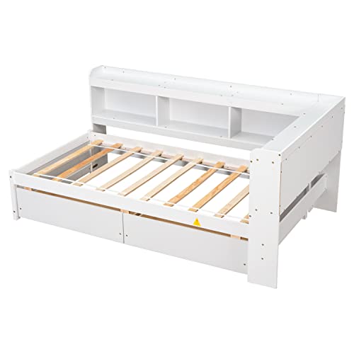 Grey Full Size Wooden Platform Bed with Two Storage Drawers and L-Shaped Bookcase L119