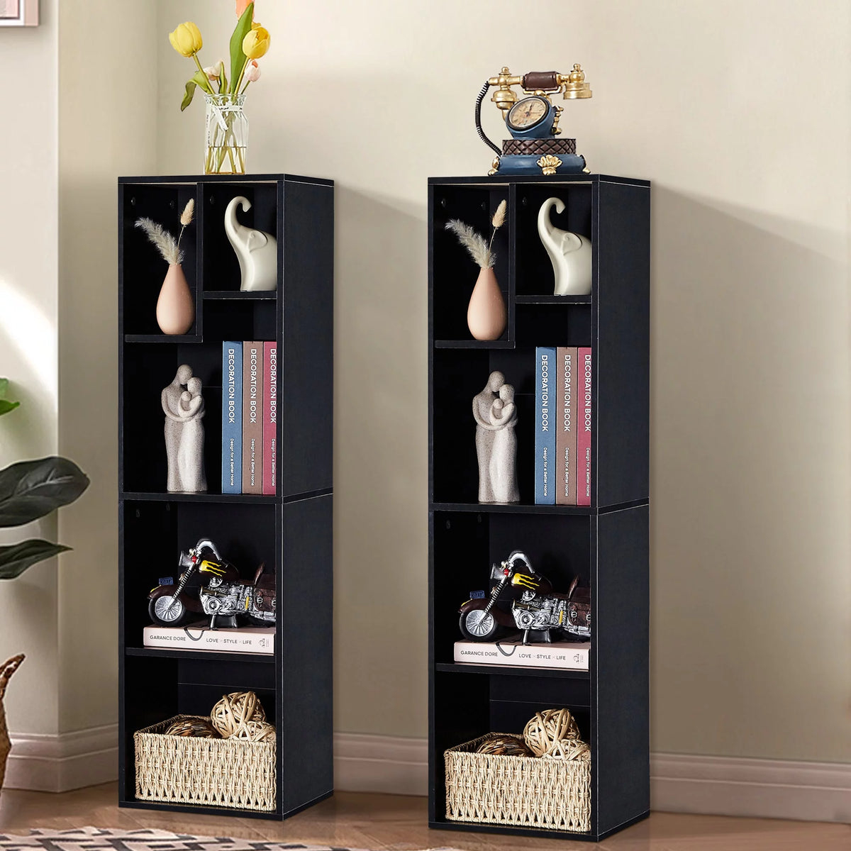 Black 3-Tier Wood Bookcase Set of 2 J4251