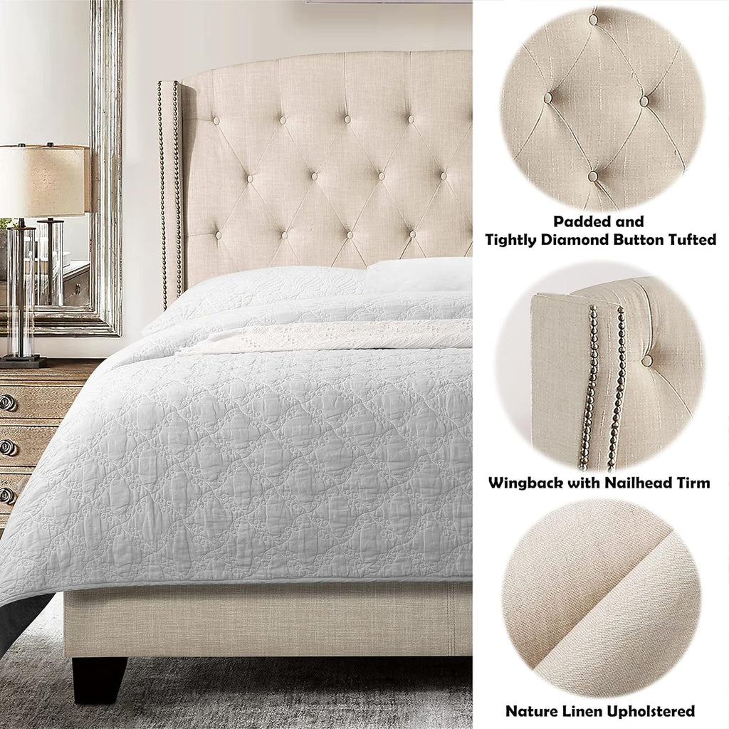 Beige Upholstered Platform Bed Frame with Wingback Headboard I7145