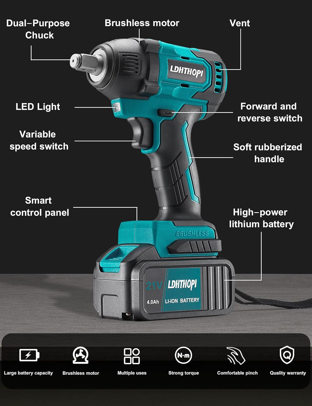 Cordless Impact Wrench 1/2 Inch 21V 370 Ft-lbs with 2 Batteries I559