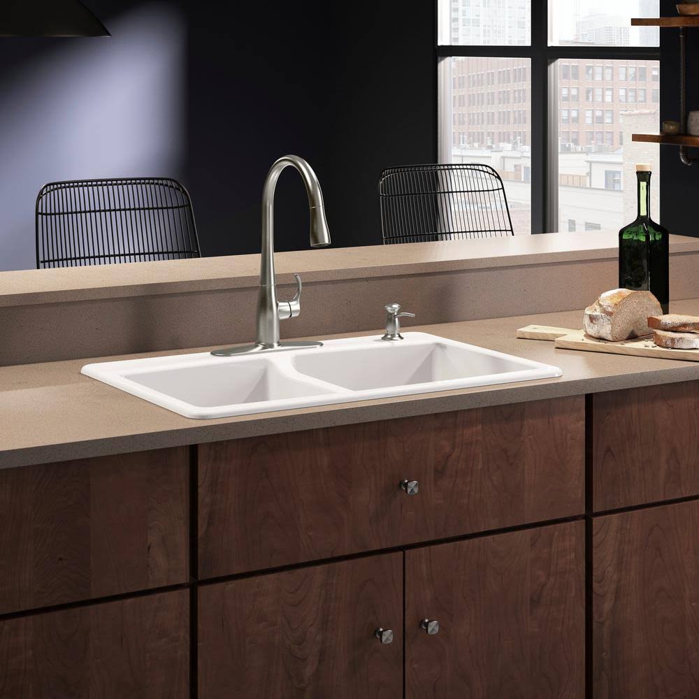 Cast-Iron Double Bowl Kitchen Sink with Faucet in White B90686