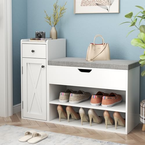 2-Tier Shoe Storage Bench with Sliding Barn Door Storage Cabinets & Removable Seat Cushion N128537