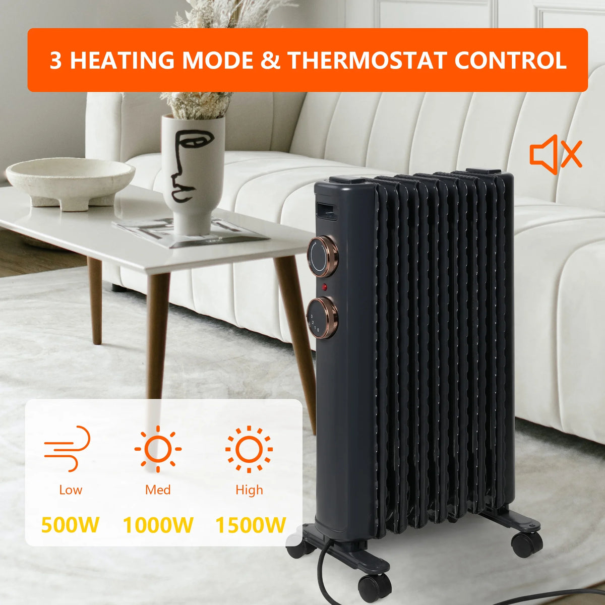 Oil Filled Radiator Heater with 3 Heating Modes, Adjustable Thermostat, Universal Wheels, Black&Gray W978