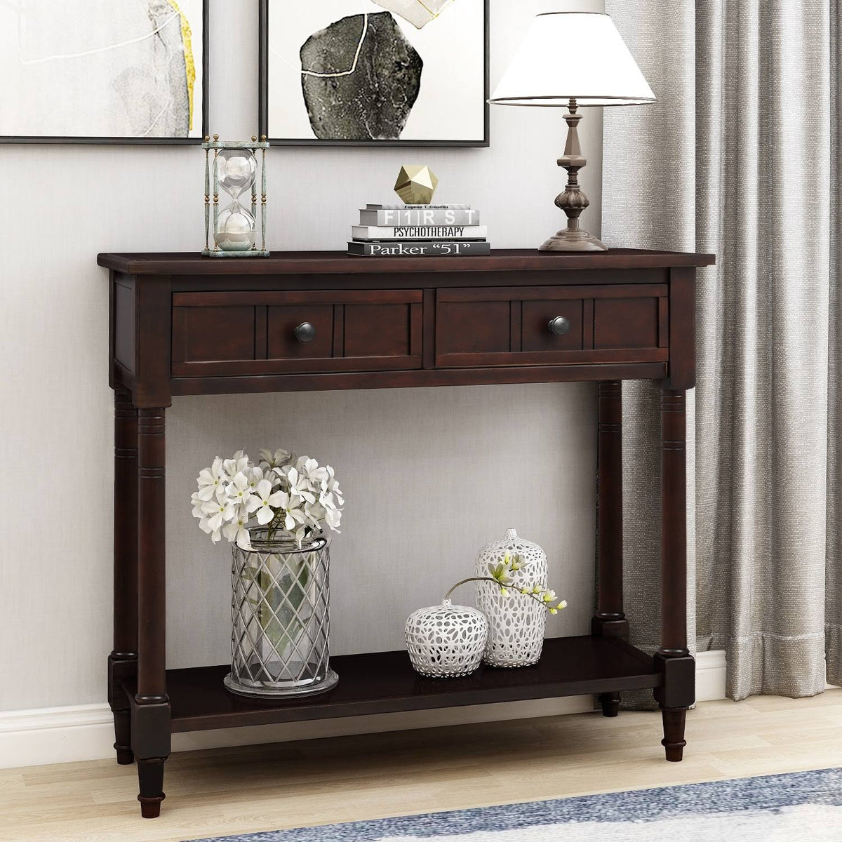 Espresso Two Drawer Console Table with Bottom Shelf E9632