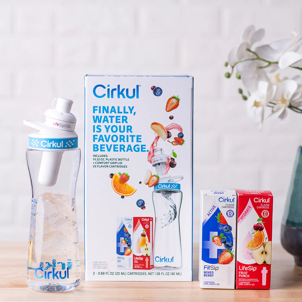 22oz Plastic Water Bottle Starter Kit with Blue Lid and 2 Flavor Cartridges T3815