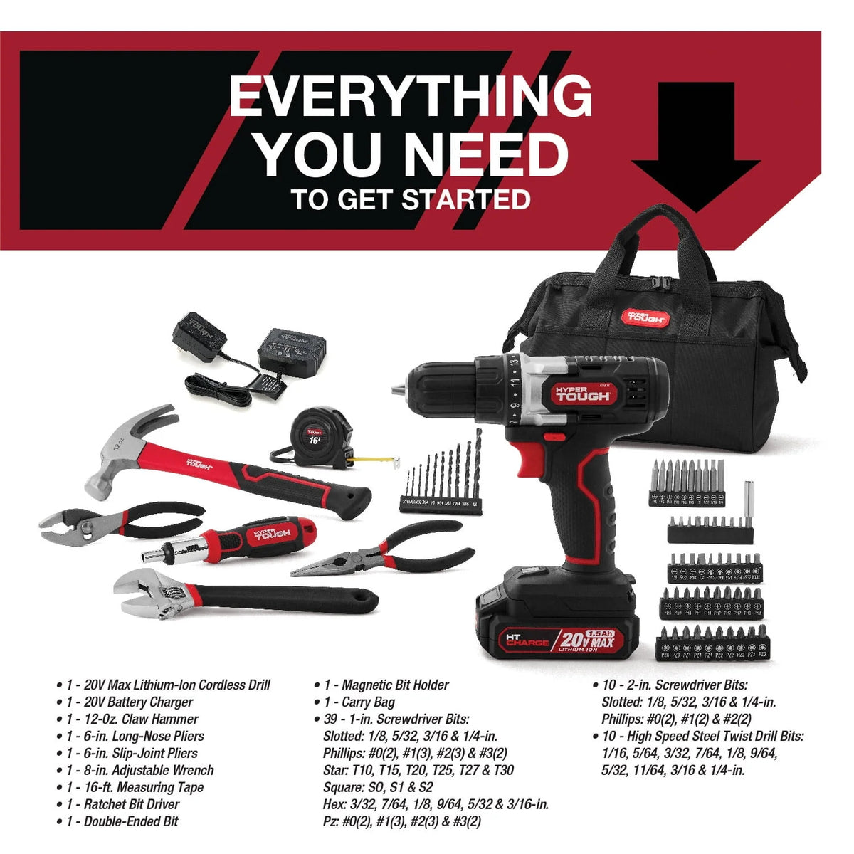 3/8 inch Cordless Drill and 70-Piece Home Tool Set K3955