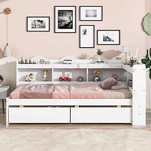 Grey Full Size Wooden Platform Bed with Two Storage Drawers and L-Shaped Bookcase L119