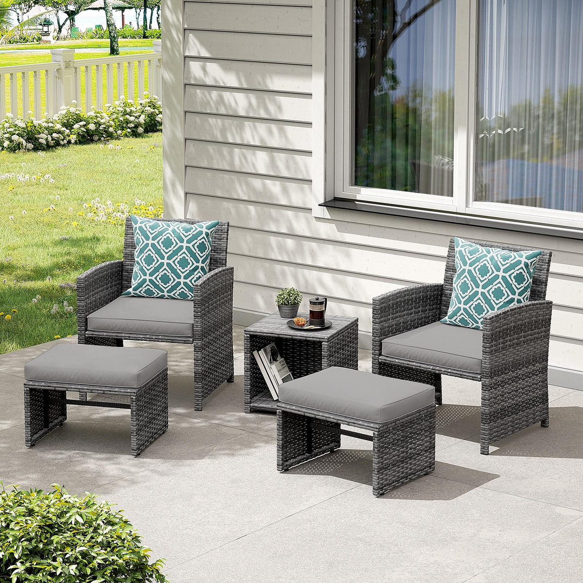 Patio Chairs Chat Set with Ottoman Coffee Table and Pillows K839529