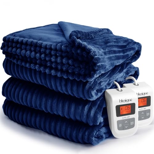 Navy Blue Queen Size Striped Electric Fleece Blanket with 6 Heat Levels and Auto-Off D691386
