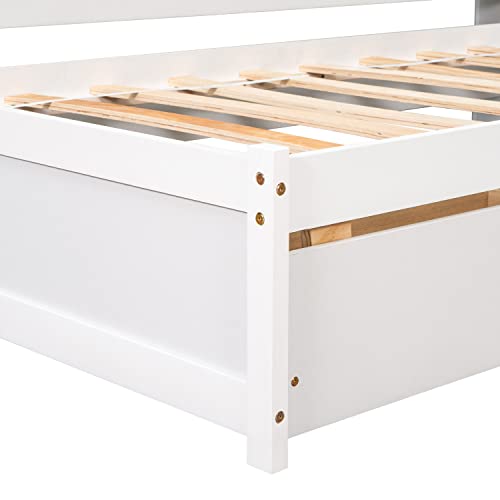 Grey Full Size Wooden Platform Bed with Two Storage Drawers and L-Shaped Bookcase L119