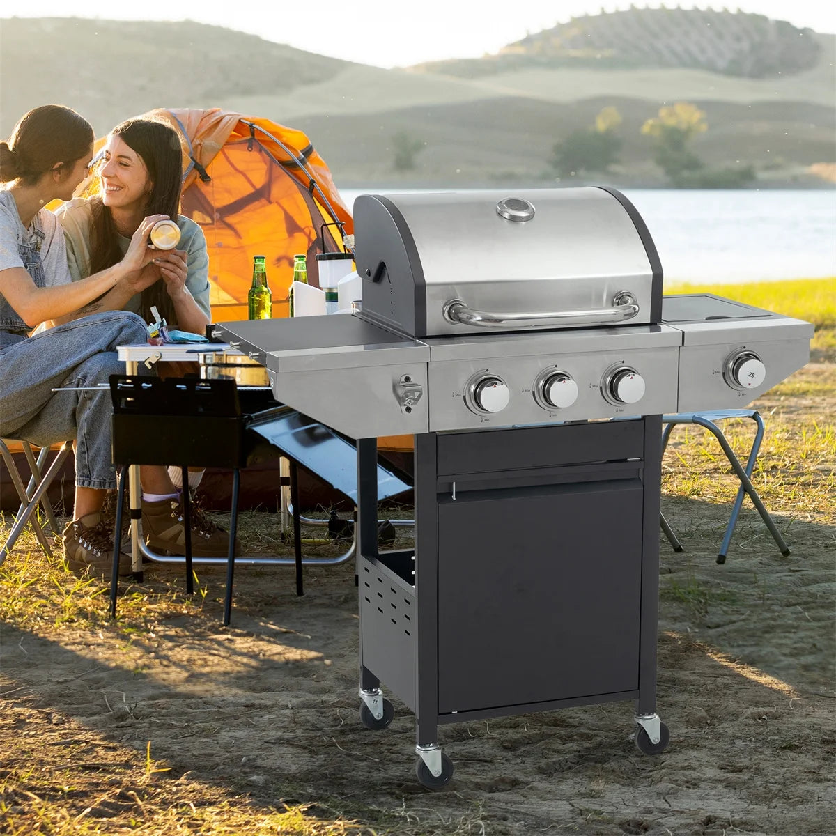 3 Burner Propane Gas Grill with Side Burner, Stainless Steel, Black H88955
