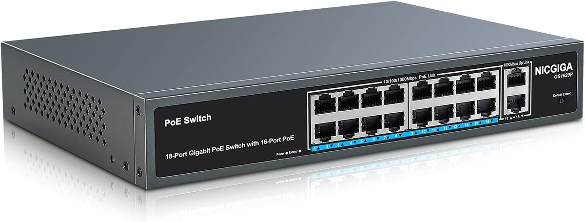 18 Port Gigabit PoE Switch with 16 Ports 1000Mbps PoE+@250W, 2 Gigabit Uplink Ports, VLAN Mode, Metal Case, Desktop/Rack Mount, Unmanaged H139