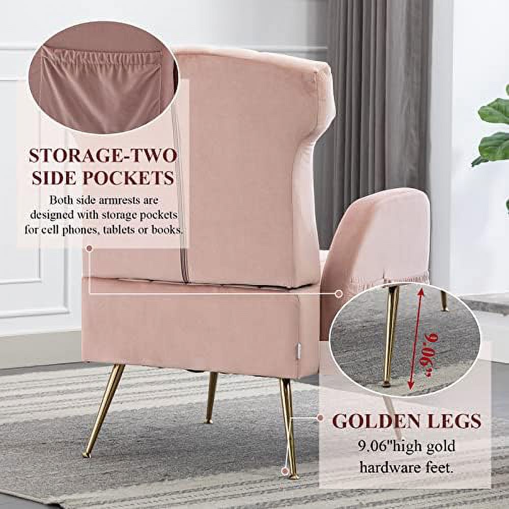 Brown Velvet Wing Back Accent Chair with Metal Gold Legs J73849