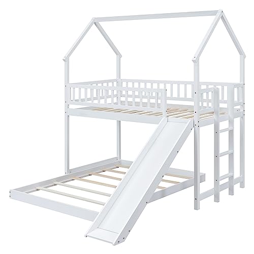 Twin Over Twin Solid Wood House Bunk Bed with Trundle and Slide L600
