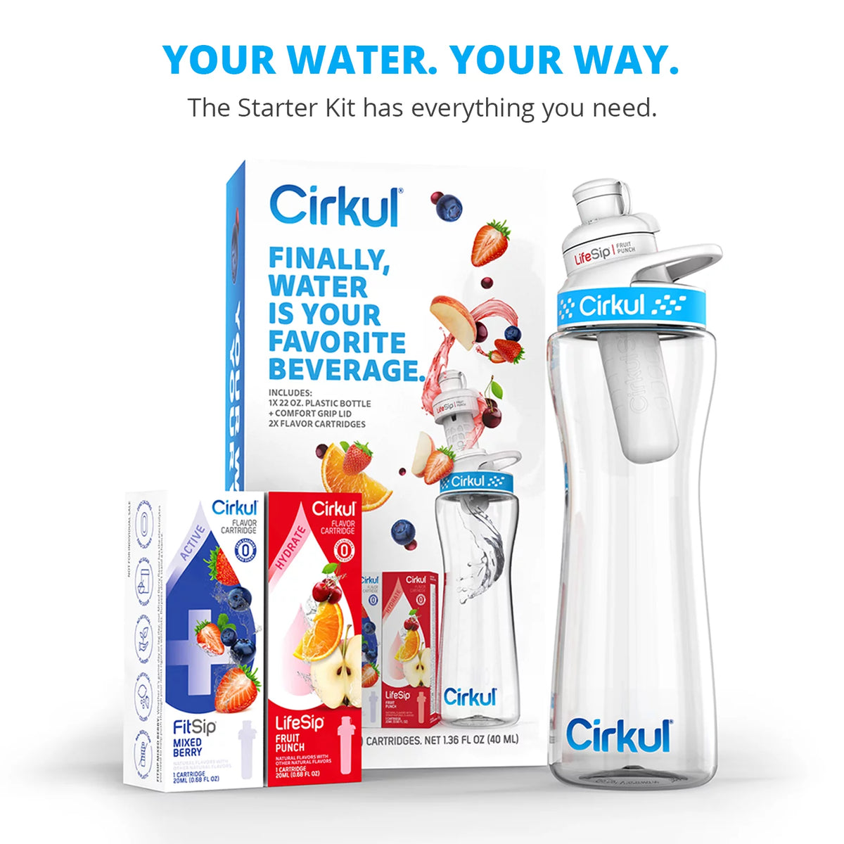 22oz Plastic Water Bottle Starter Kit with Blue Lid and 2 Flavor Cartridges T3815