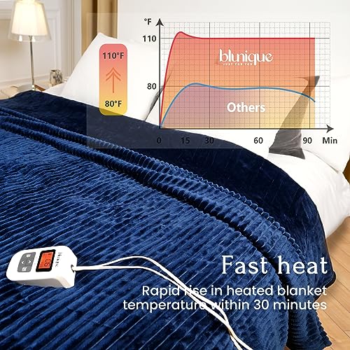 Navy Blue Queen Size Striped Electric Fleece Blanket with 6 Heat Levels and Auto-Off D691386