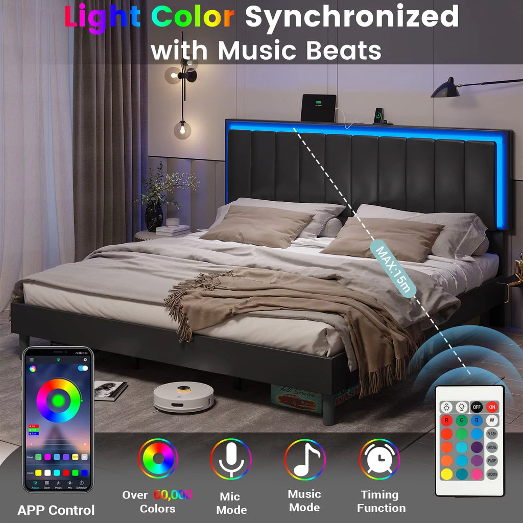 King Leather Upholstered Platform Bed with Charging Station and LED Lights H23530