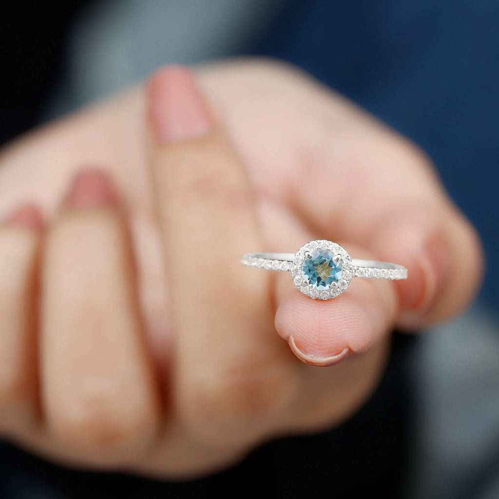 10K White Gold Aquamarine Ring with Diamond Halo D10503