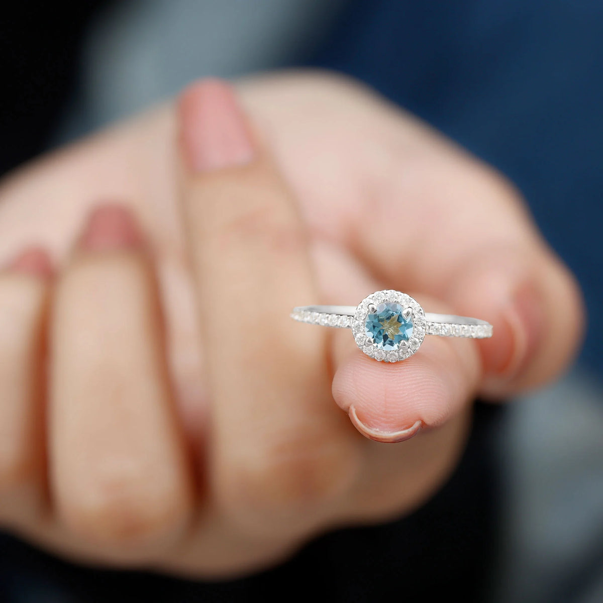 10K White Gold Aquamarine Ring with Diamond Halo D10503
