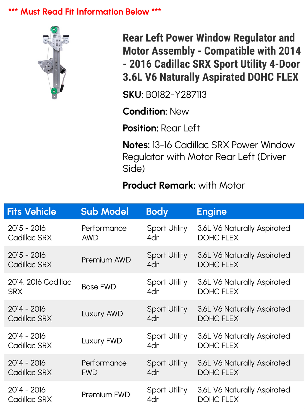 Rear Left Power Window Regulator and Motor Assembly M32629