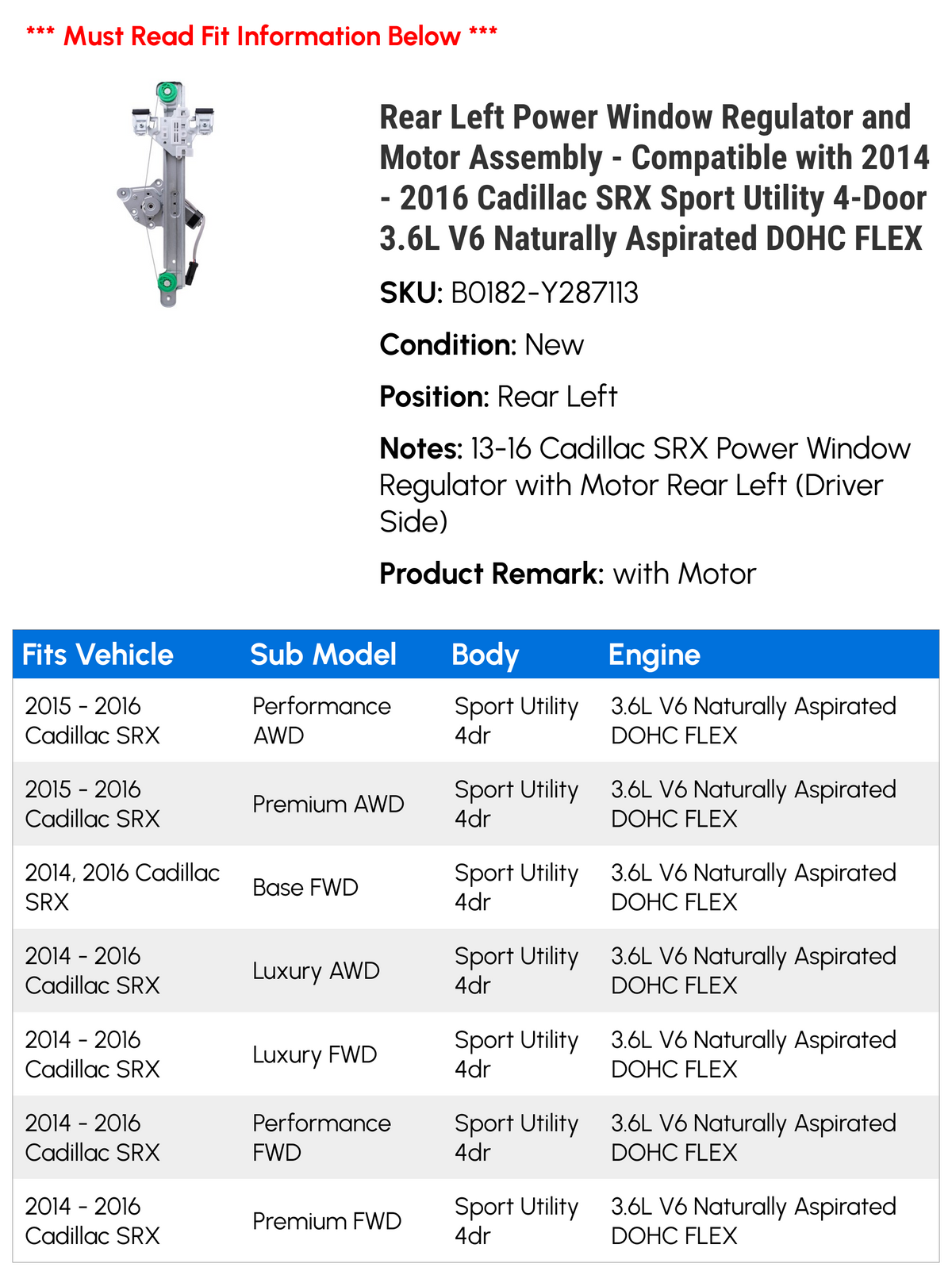 Rear Left Power Window Regulator and Motor Assembly M32629